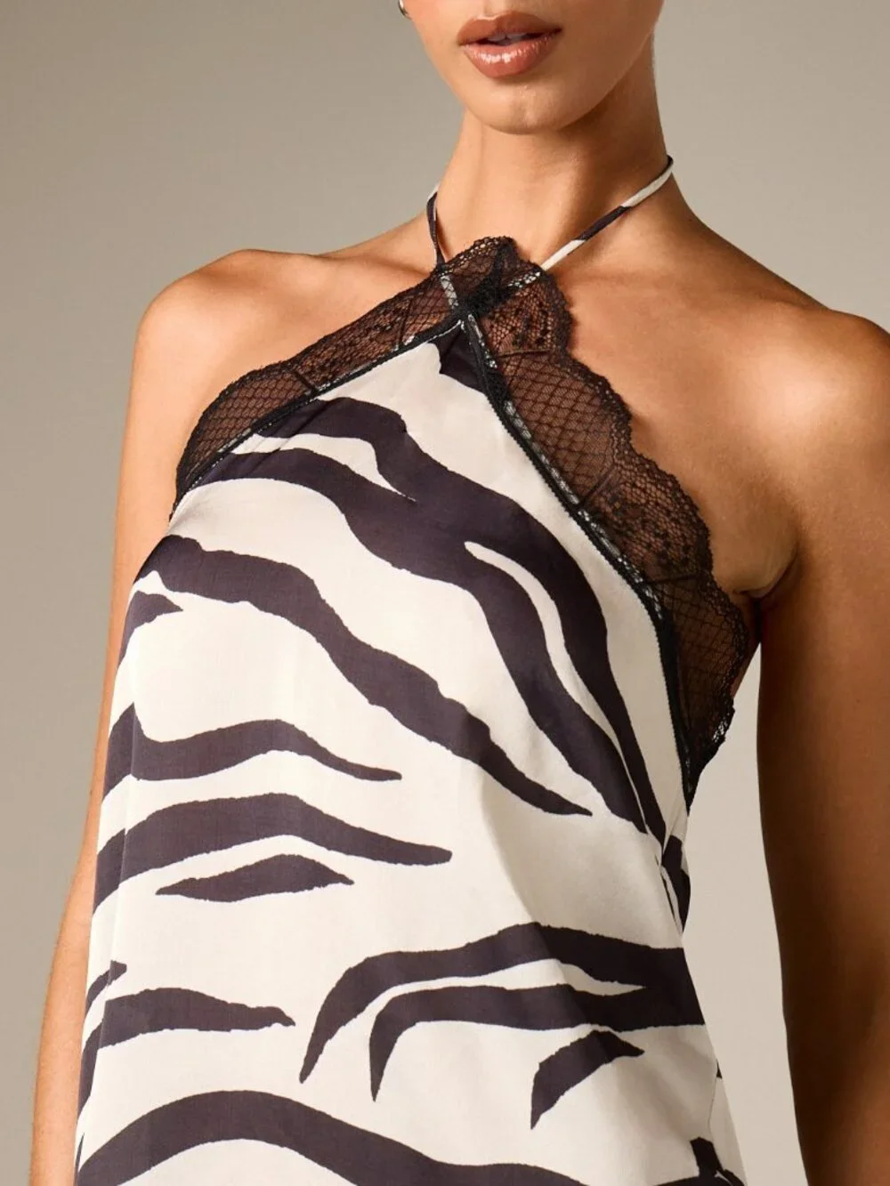 Multicolor Sexy Women's Zebra Print Halter Neck Mini Slip Dress - Picture 5 of 5
